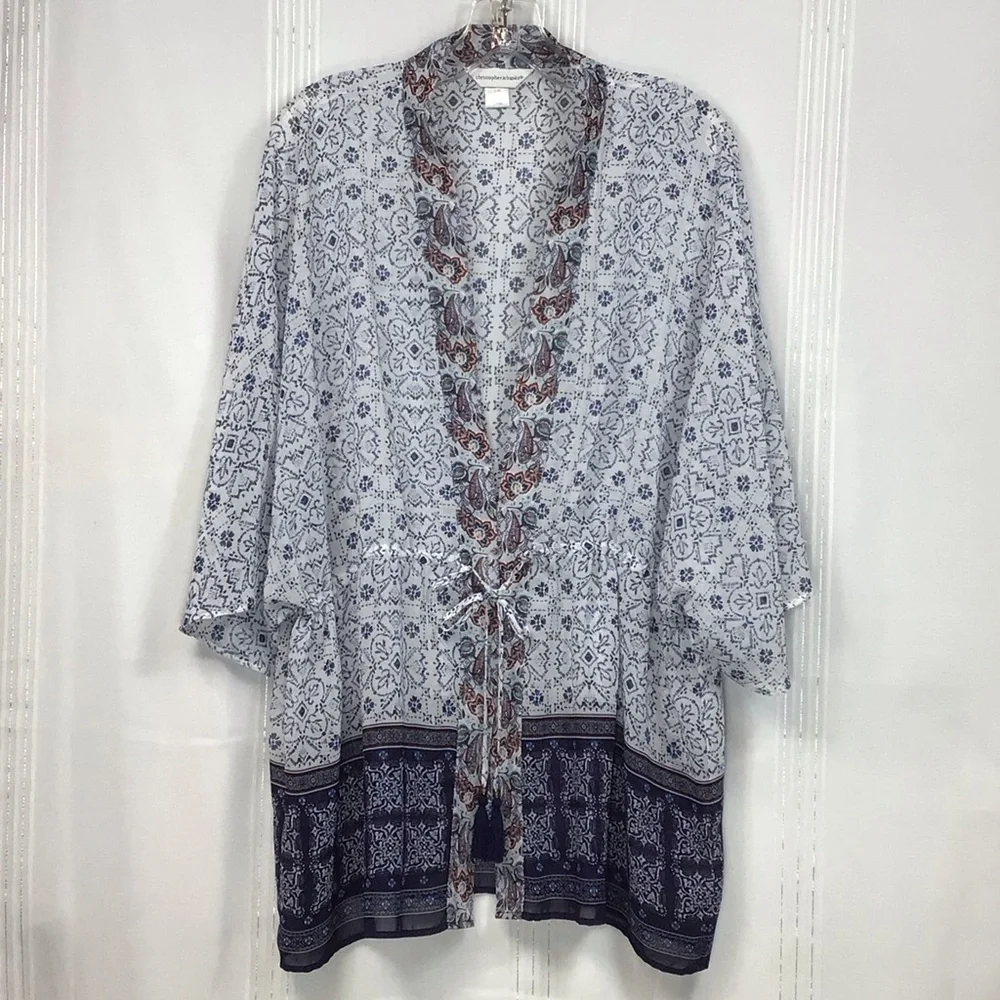 Christopher & Banks Semi Sheer Blue White Patterned Kimono Top Sz.S/M - Picture 2 of 10